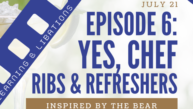 Podcast poster for &ldquo;Episode 6: Yes, Chef &ndash; Ribs & Refreshers&rdquo; inspired by the bear, July 21, featuring a film strip motif and bold blue text.