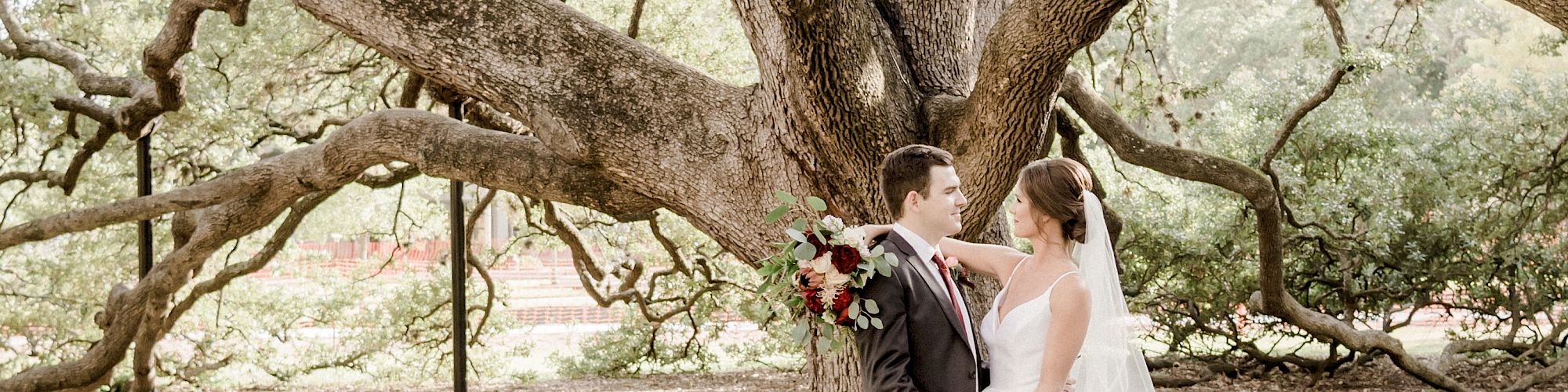 A couple stands in front of a large, sprawling tree, with the bride in her wedding dress and the groom in his suit, enjoying their moment.