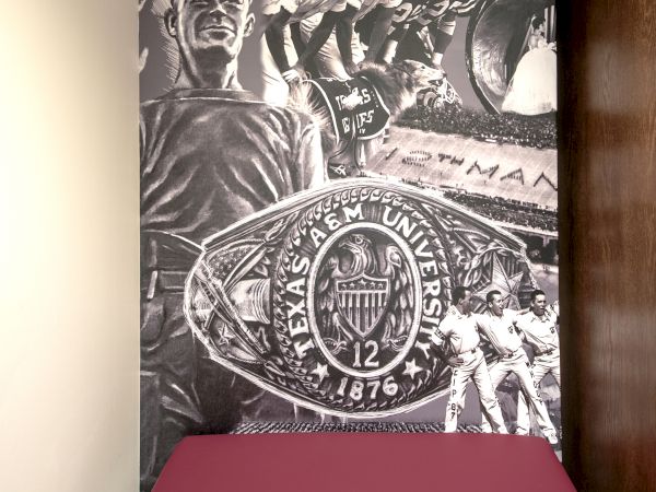 A collage wall with historical images and a large seal of an institution. In front is a maroon seat enhancing the focus on the detailed artwork.
