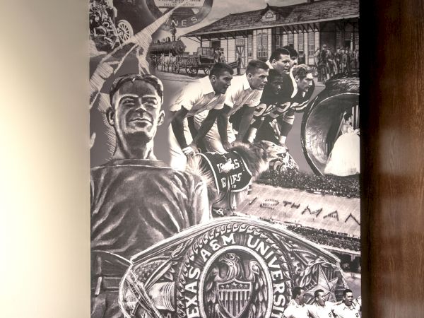 A black-and-white collage depicting various historical and cultural elements, with a prominent shield emblem near the center and a maroon foreground.