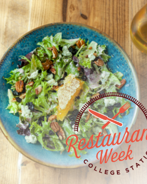 A bowl of mixed salad with greens, nuts, and cheese on a blue plate, with a &ldquo;Restaurant Week&rdquo; logo overlay.