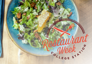 A bowl of mixed salad with greens, nuts, and cheese on a blue plate, with a &ldquo;Restaurant Week&rdquo; logo overlay.