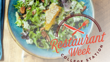 A bowl of mixed salad with greens, nuts, and cheese on a blue plate, with a &ldquo;Restaurant Week&rdquo; logo overlay.