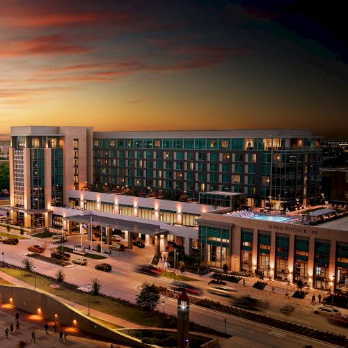 Sunset view of the front of the Texas A&M Hotel & Conference Center