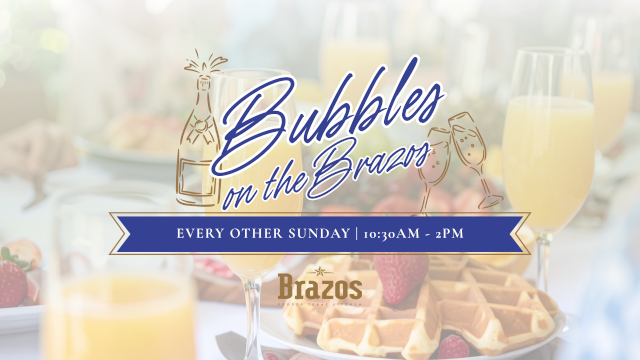 A bright breakfast table setup with bubbly drinks and waffles, overlaid by a &ldquo;Bubbles on the Brazos&rdquo; event banner and glassware details.