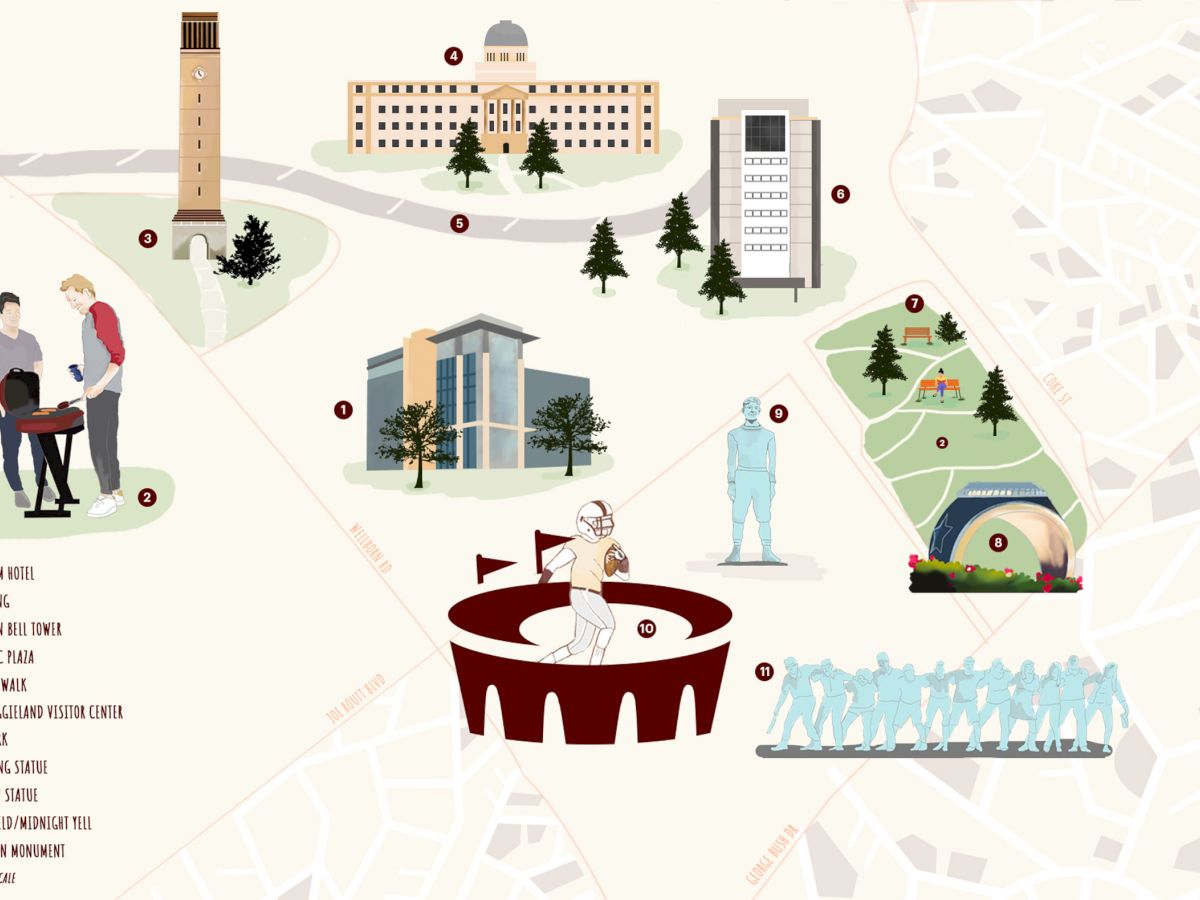An illustrated map features landmarks, including buildings, a performance stage, a statue, and people interacting with local attractions, ending the sentence.