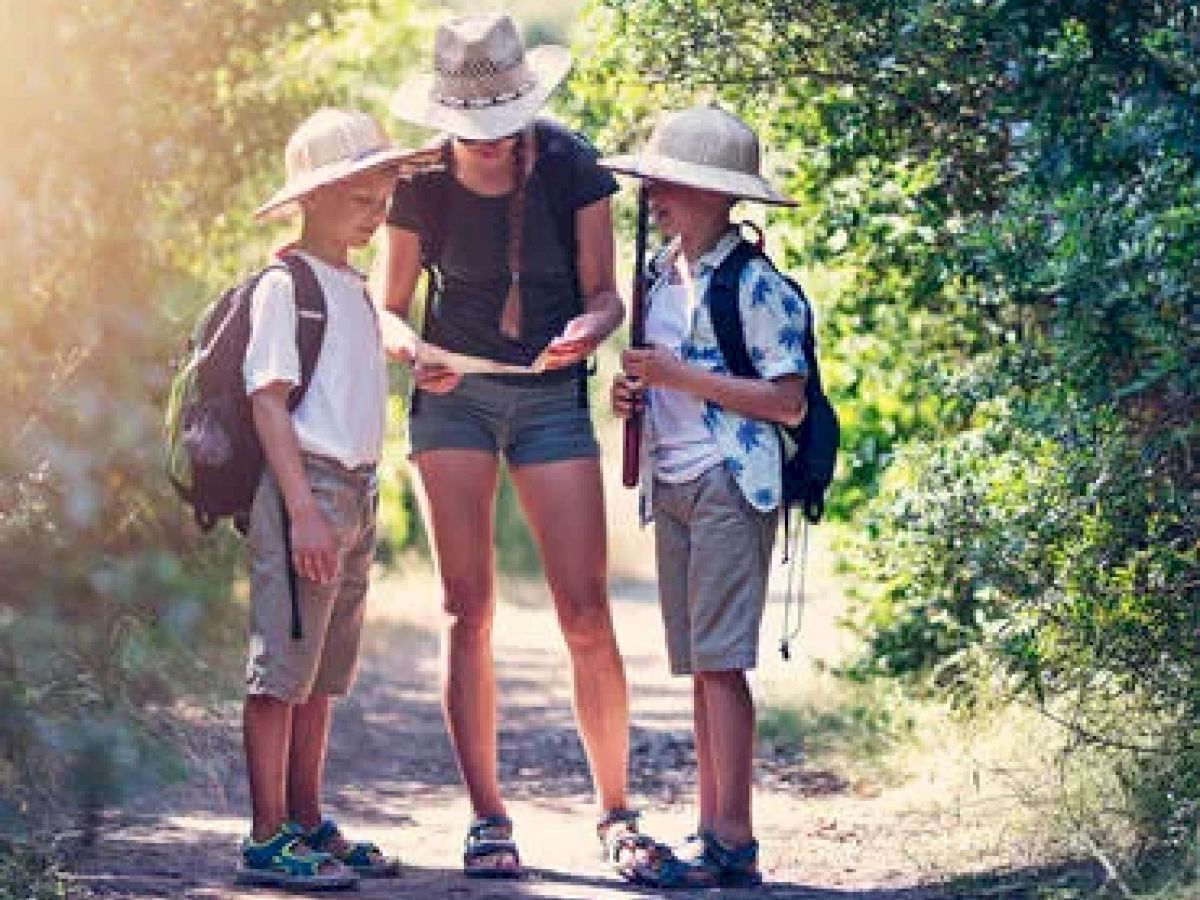 A woman and two children wearing hats and backpacks are looking at a map while standing on a forest trail, surrounded by greenery and sunlight.