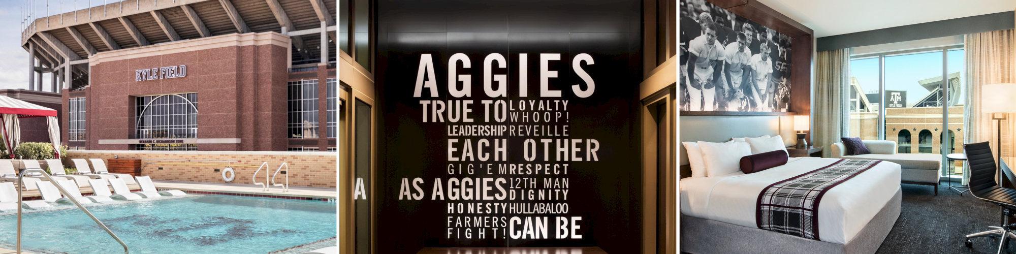 The image shows a pool with lounge chairs, a motivational Aggies sign, and a hotel room with a view of Kyle Field.