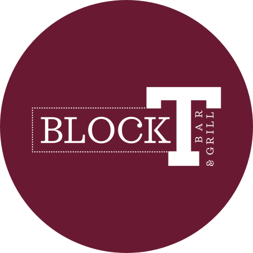 The image shows a maroon circle with the logo "BLOCK T BAR & GRILL" in white lettering.