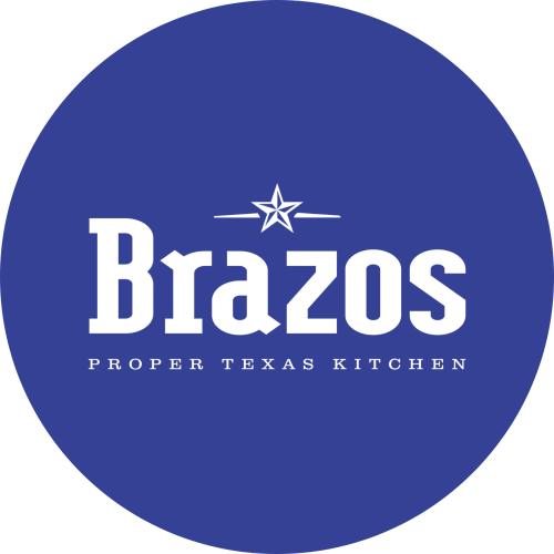 A blue circular logo for "Brazos" with white serif text&mdash;&ldquo;Brazos&rdquo; big, star accent above, and &ldquo;Proper Texas Kitchen&rdquo; in smaller letters below.