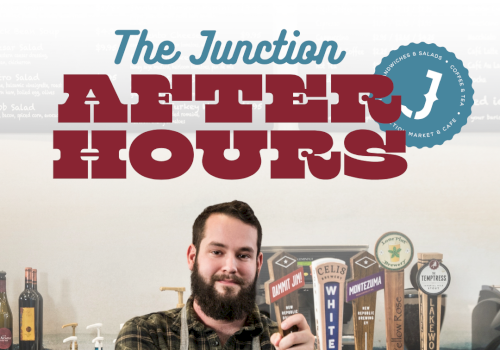A bearded bartender in a &ldquo;The Junction&rdquo; pub promo holds a pint of beer with &ldquo;All Eights Hours&rdquo; and &ldquo;After class, after work&rdquo; text.