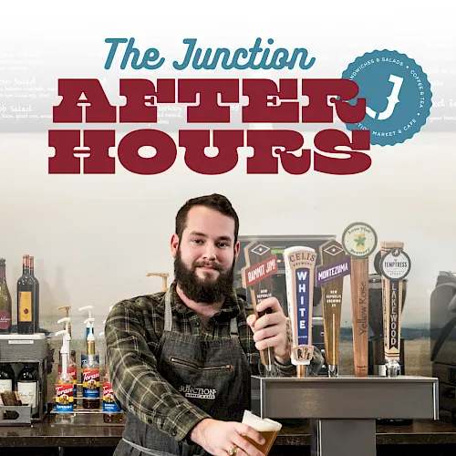 A bearded bartender in a &ldquo;The Junction&rdquo; pub promo holds a pint of beer with &ldquo;All Eights Hours&rdquo; and &ldquo;After class, after work&rdquo; text.