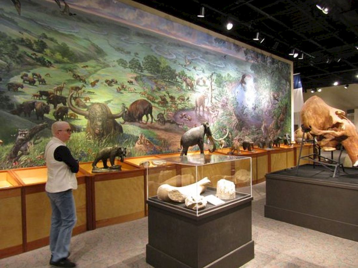 A person stands in a museum exhibit featuring prehistoric animals, fossils, and a mural depicting a prehistoric landscape.