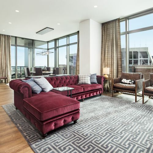 A modern living room with a red sofa, patterned rug, and large windows. There's a dining area in the background with ample natural light.