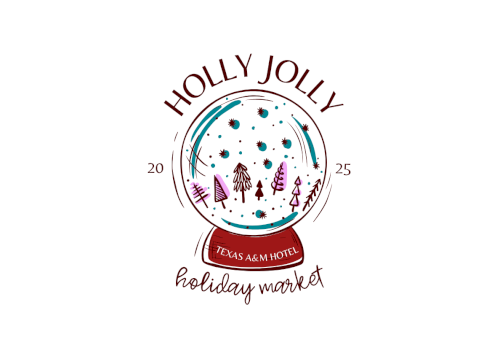 Logo for "Holly Jolly Holiday Market" with a snow globe, trees, and "Texas A&M Women" text.