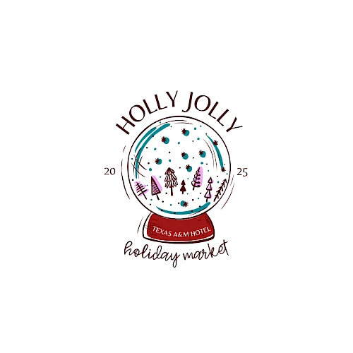 Logo for "Holly Jolly Holiday Market" with a snow globe, trees, and "Texas A&M Women" text.