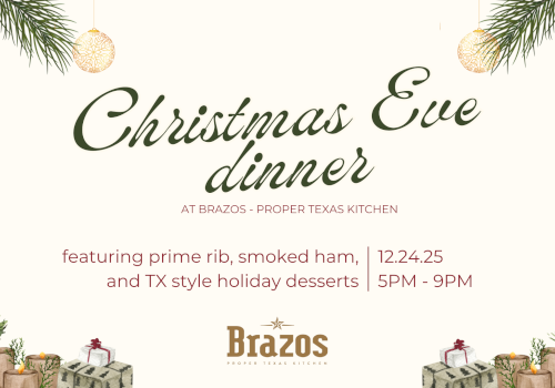 A festive Christmas Eve dinner flyer with pine branches, lights, and gift boxes framing elegant script that reads &ldquo;Christmas Eve dinner,&rdquo; plus event details and a Brazos logo.