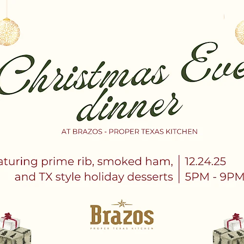 A festive Christmas Eve dinner flyer with pine branches, lights, and gift boxes framing elegant script that reads &ldquo;Christmas Eve dinner,&rdquo; plus event details and a Brazos logo.