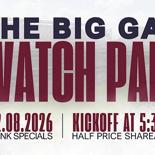 A promotional poster for a football game watch party: &ldquo;The Big Game&rdquo; Seahawks vs Patriots, Feb 8, 2026, Kickoff 5:30 PM, drink specials, half‑price shareables, Block T Bar logo.