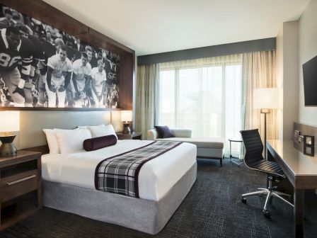 A modern hotel room with a king bed, large mural, work desk, chair, TV, and window with sheer curtains, offering a cozy atmosphere.