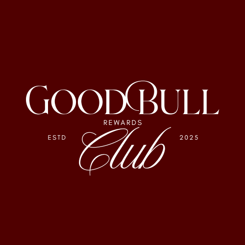 The image features the "Good Bull Club" logo with "Rewards," "ESTD 2025" in elegant typography on a deep maroon background.