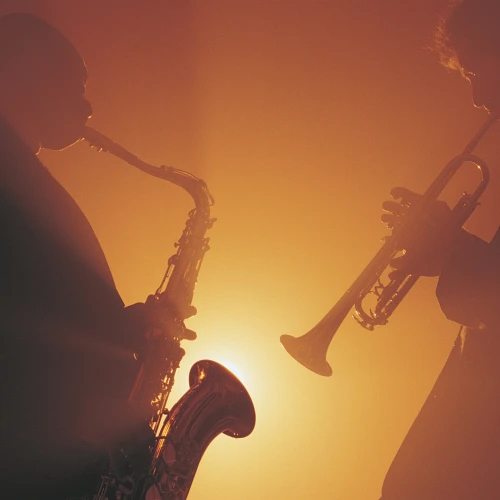 Two musicians silhouetted against a warm light, playing a saxophone and a trumpet, creating a harmonious scene.