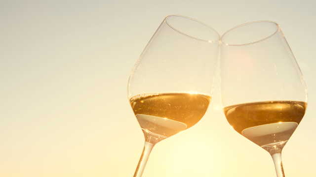Two stemmed wine glasses filled with amber-gold liquid, catching warm golden light against a pale background.