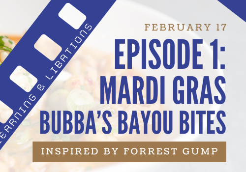Shrimp etouffee-style dish on the left; bold Episode 1 text &ldquo;Mardi Gras Bubba&rsquo;s Bayou Bites&rdquo; with a film strip motif on the right, inspired by Forrest Gump.