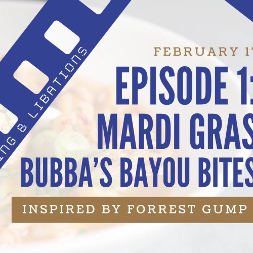 Shrimp etouffee-style dish on the left; bold Episode 1 text “Mardi Gras Bubba’s Bayou Bites” with a film strip motif on the right, inspired by Forrest Gump.