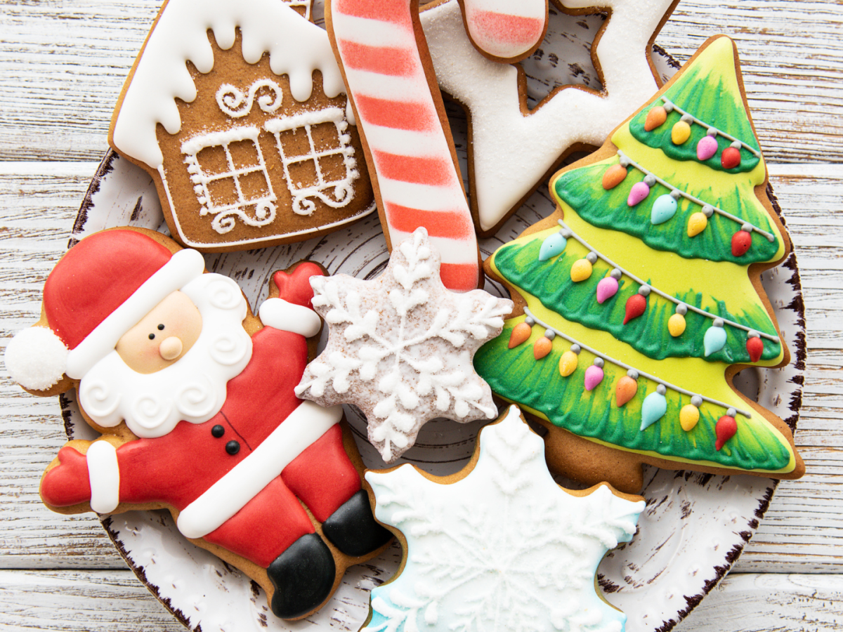 A plate of Christmas-themed cookies, including Santa, a tree, snowflakes, a house, and a candy cane, are beautifully decorated.